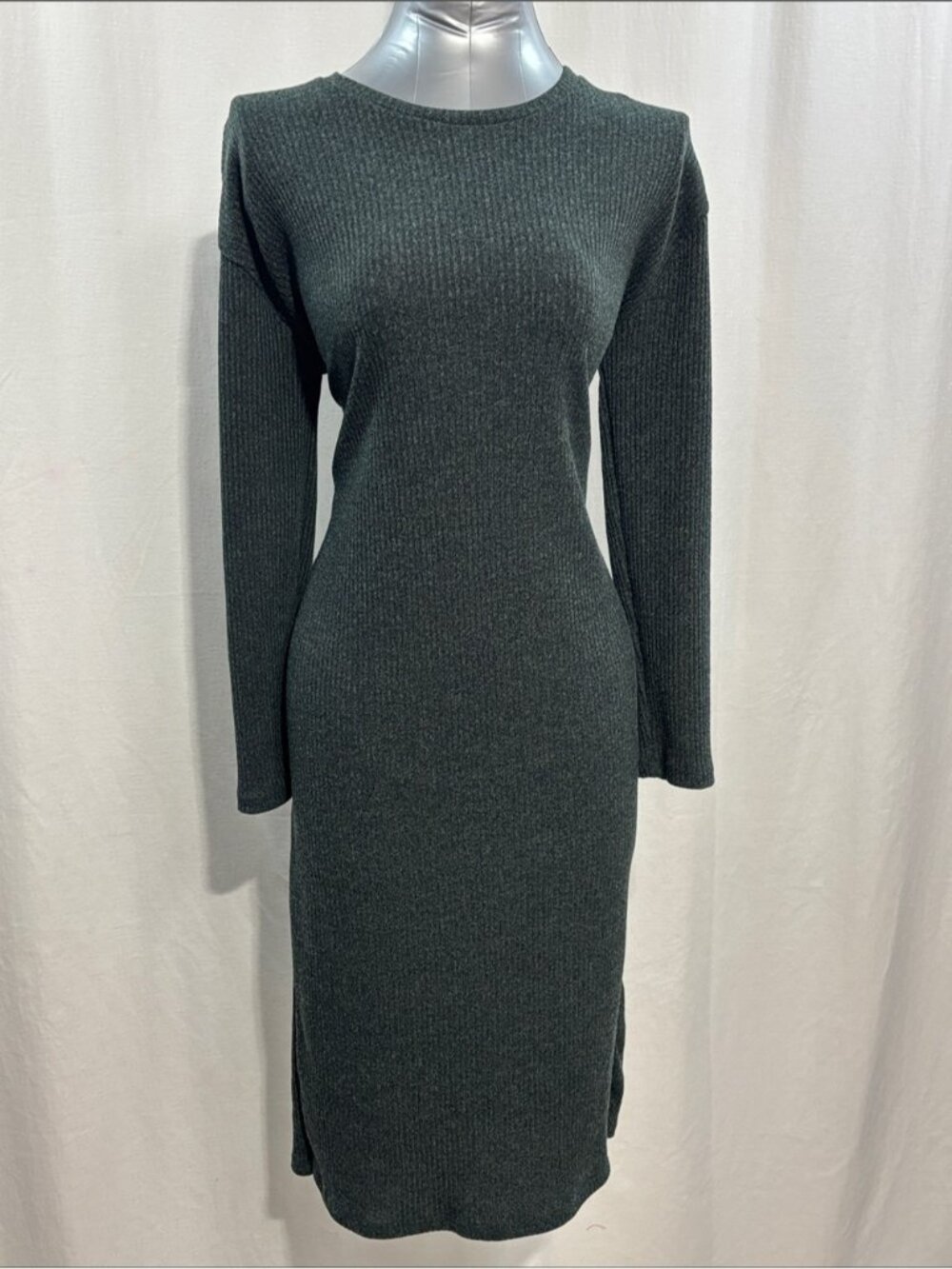 Zara Dark Green Ribbed Long-Sleeve Midi Dress 226 stretch, comfort work trendy
